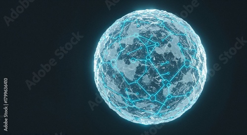 Icy Futuristic Sphere with Glowing Network Circuits and Cold Blue Light Reflections, High-Tech Winter Digital Globe Concept Perfect for AI, Cybersecurity, Innovation and Seasonal Tech Design