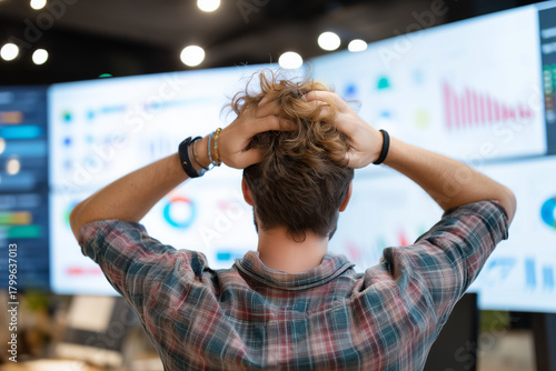 A frustrated marketer with hands on head looking at a declining ROI chart on a large screen in a dim office