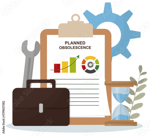 Business Tools and Metrics Illustrate Planned Obsolescence Concept. business planning, lifecycle, and sustainability topics. Isolated. Flat style. Vector illustration