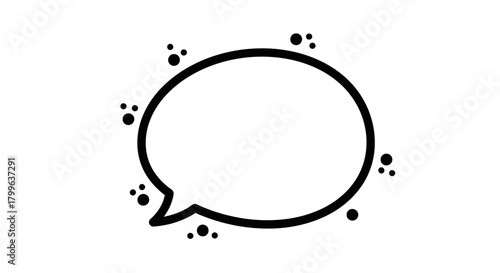 Simple, minimalist black outline speech bubble graphic with playful surrounding dots, symbolizing communication, conversation, thought, and interactive dialogue on a clean white backdrop