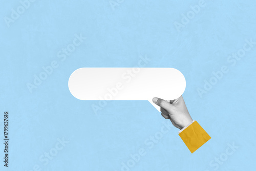 Communication, connection, social network, chat. Creative art collage of human hand holding empty speech bubble and cloud bubble