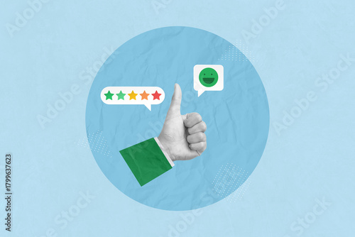 Creative art collage of a thumbs-up hand gesture with a five star rating scale. Customer review, service rating, satisfaction and positive feedback