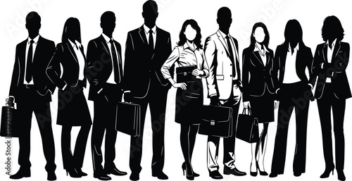 Business team silhouettes standing together, corporate professionals in formal attire, diverse group illustration, leadership, office workforce, teamwork concept artwork.