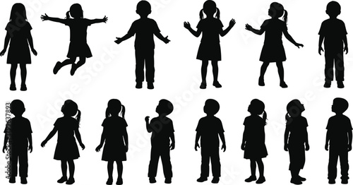Collection of Diverse Children Silhouettes in Various Poses Including Jumping, Standing, and Looking Up, Representing Childhood, Growth, and Learning Concepts.