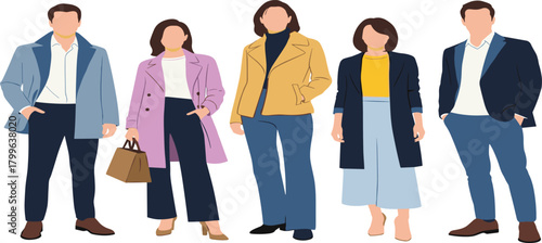 Modern fashion illustration of stylish men and women standing together, trendy outfits, casual clothing design, contemporary character set, flat vector artwork.