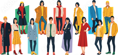 Diverse Group of Young People Showcasing Modern Autumn and Winter Fashion Trends, Including Stylish Coats, Scarves, and Layered Outfits, Isolated on White Background with Colorful Blocks.