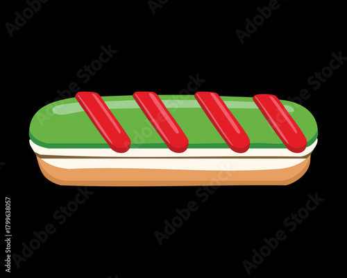 Festive Eclair Pastry with Bright Green Glaze and Red Chocolate Drizzle, a Perfect Christmas Sweet Treat - Vector Illustration