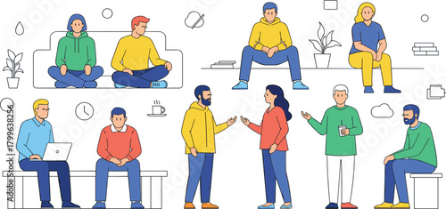 Illustration of diverse people sitting, talking, and working in casual environments, representing communication, teamwork, modern lifestyle, relaxation, collaboration, and social interaction.