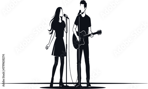 Male guitarist and female singer performing together on stage silhouette, musical duo illustration, live concert scene, music performance artwork, band graphic