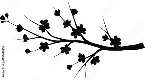 Minimalist Black Silhouette of a Blooming Cherry or Plum Tree Branch with Flowers and Buds, Isolated Vector Design for Oriental and Spring Themes.
