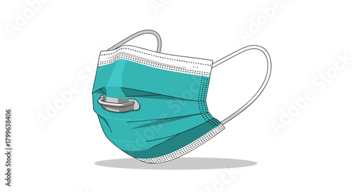 A modern vector illustration of a teal medical face mask, representing essential personal protective equipment for global health, safety, and disease prevention.