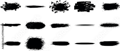Collection of diverse black ink splatter and brush stroke abstract graphic elements on white background