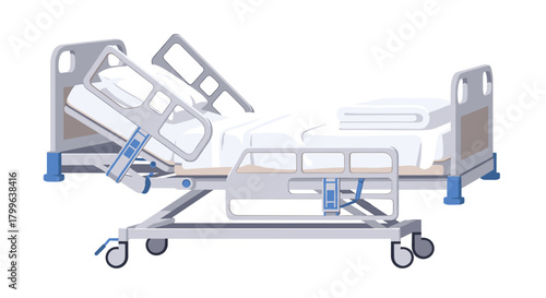 A modern adjustable hospital bed with side rails and wheels stands ready for patient care and recovery in a clean, professional medical environment.