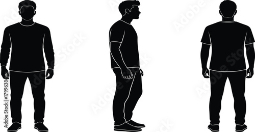 Male silhouette front side back poses, standing figure reference illustration, black outline character views, posture study graphic, human pose rotation