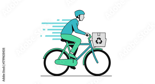 A modern illustration depicts a cyclist delivering a package with a prominent recycling symbol, emphasizing sustainable urban transportation and eco-conscious living.
