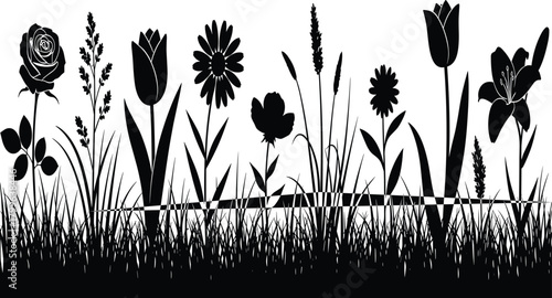 Detailed Black and White Silhouette Border of Various Spring Flowers, Including Roses, Lilies, and Grasses, Representing Nature, Garden, and Floral Design.