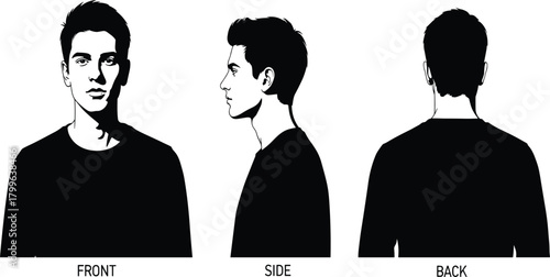 Male silhouette front side back view illustration, profile reference poses, black and white character outline, hairstyle reference, human figure rotation graphic