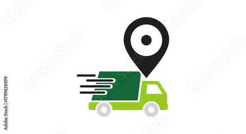 A dynamic green delivery truck with speed lines and a precise location pin icon, symbolizing rapid global shipping and efficient package tracking.