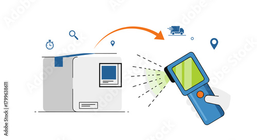 The image depicts a hand scanning a package, symbolizing efficient logistics and modern supply chain management for fast, secure delivery services.