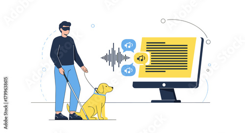A visually impaired man with his guide dog engages with digital content, utilizing assistive technology like audio description and screen readers.