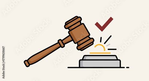 A minimalist vector illustration portrays a wooden gavel striking a sounding block, symbolizing legal justice, crucial court decisions, and confirmed official approval.