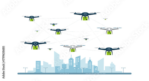 An innovative network of autonomous drones efficiently delivers packages across a modern smart city skyline, showcasing advanced urban logistics and future technology.