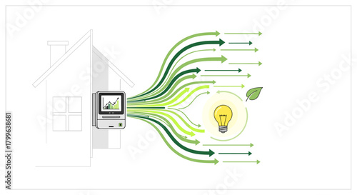 This modern vector illustrates smart home technology optimizing energy usage, channeling data towards sustainable power and environmental benefits.