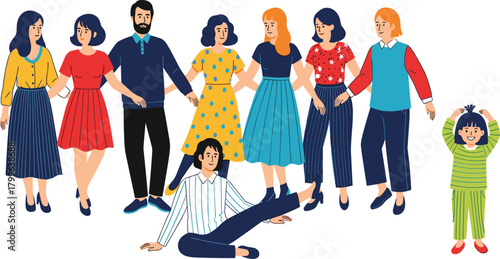 Diverse Group of People Holding Hands in Unity, Support, and Friendship While One Person Falls, Isolated Child Watching, Concept of Exclusion, Teamwork, and Social Issues.