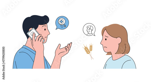 A man discusses medical concerns on the phone while a woman experiences symptoms related to gluten intolerance or a food allergy.