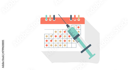 A flat design illustration depicts a syringe placed on a calendar, symbolizing important vaccination schedules and health appointment reminders.