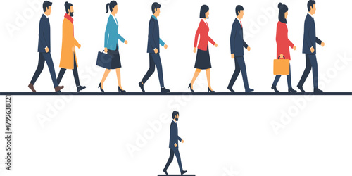 Horizontal Line of Diverse Business People Walking in Professional Attire, Representing Commuting, Corporate Rush, Employees, and Daily Office Routine Activities.