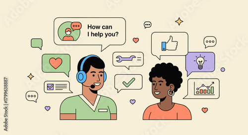 A friendly customer service agent wearing a headset offers online assistance to a diverse client, surrounded by communication and feedback icons.