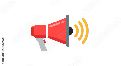 This modern flat vector illustration depicts a bold red megaphone emitting yellow sound waves, symbolizing crucial announcements and effective public communication strategies.