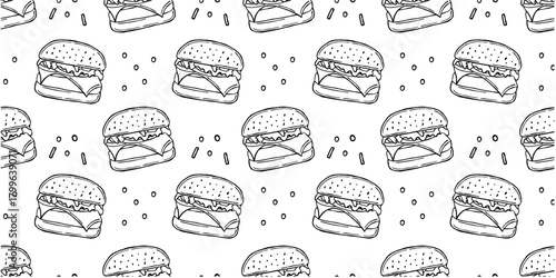 Hand-drawn line art burger illustration in a clean, minimalist style. Perfect for food packaging, prints, textiles, and digital projects