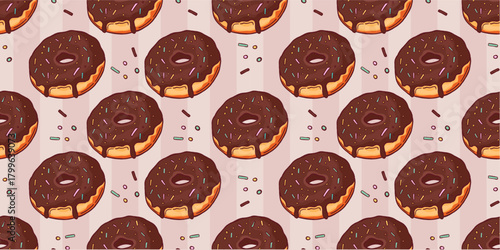 Hand-drawn seamless pattern featuring chocolate donuts with colorful sprinkles on a striped background, perfect for background, textile, and packaging