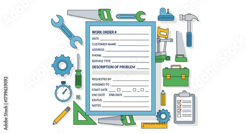A comprehensive work order form surrounded by essential repair and maintenance tools, illustrating efficient service management and technical support planning.