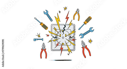 A vector illustration shows a dangerous electrical outlet sparking, surrounded by repair tools, highlighting urgent home maintenance and safety.