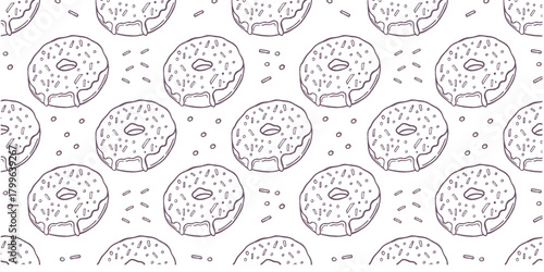 Hand-drawn line art seamless donut pattern, perfect for backgrounds, textiles, packaging, and decorative prints