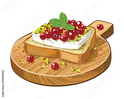 Festive bruschetta-style appetizer on a wooden board with creamy cheese, bright red cranberries, and chopped green pistachios, perfect for holiday gatherings - Vector Illustration