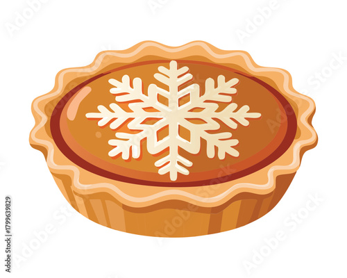 Rustic holiday mince or pecan pie with a warm, golden-brown crust and filling, topped with a detailed white frosting snowflake for a cozy winter treat - Vector Illustration