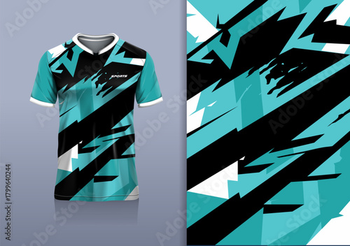 T-shirt mockup with abstract stripe lines grunge sport jersey design for football, soccer, racing, esports, running, in black blue color