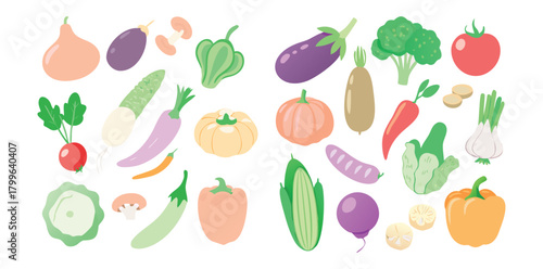 Soft Pastel Vegetable Icons | Colorful Flat Food Vector Set | Organic Veggie Clipart