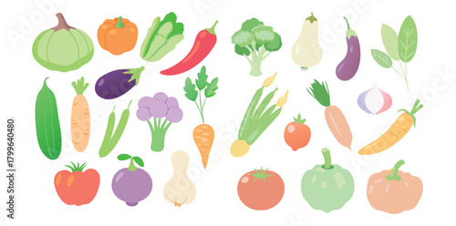 Soft Pastel Vegetable Icons | Colorful Flat Food Vector Set | Organic Veggie Clipart