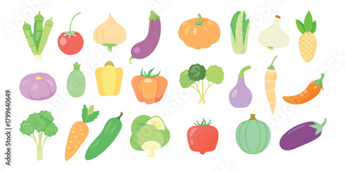 Soft Pastel Vegetable Icons | Colorful Flat Food Vector Set | Organic Veggie Clipart