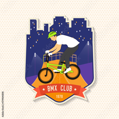 Bmx extreme sport club badge, patch, sticker. Vector. Concept for shirt, logo, print, stamp, tee with man ride on a sport bicycle. Vintage typography design with bmx cyclist silhouette.