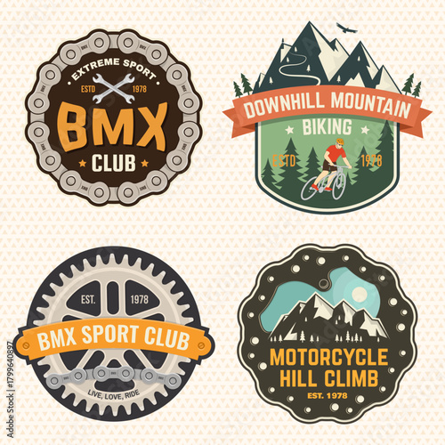 Set of motorcycle hill climb and mountain biking patch, sticker. Vector illustration. Concept for shirt or logo, print, stamp or tee. Vintage typography design with man riding bike and mountain