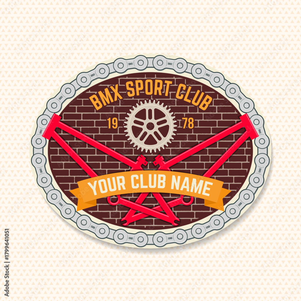 Fototapeta premium Bmx extreme sport club badge, patch, sticker. Vector. Concept for shirt, logo, print, stamp, tee with frames, chain. Vintage typography design with bmx frames, sprocket silhouette.