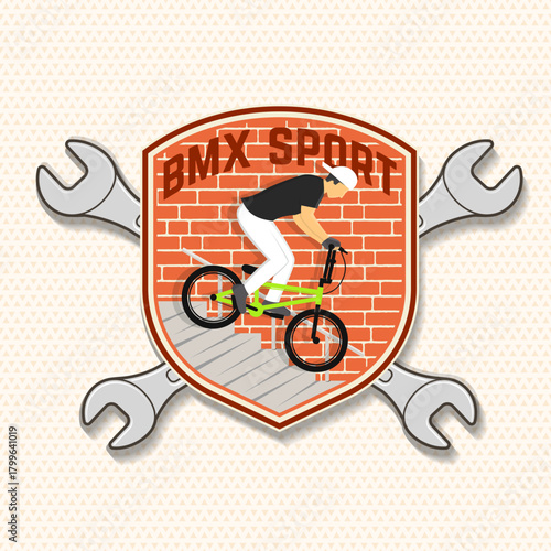 Bmx extreme sport club badge, patch, sticker. Vector. Concept for shirt, logo, print, stamp, tee with man ride on a sport bicycle. Vintage typography design with wrench, bmx cyclist silhouette.