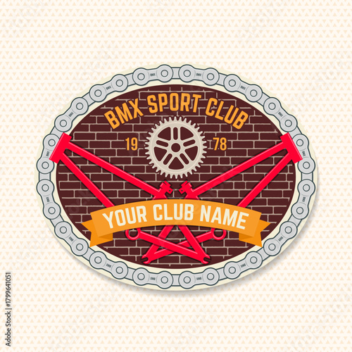 Bmx extreme sport club badge, patch, sticker. Vector. Concept for shirt, logo, print, stamp, tee with frames, chain. Vintage typography design with bmx frames, sprocket silhouette.