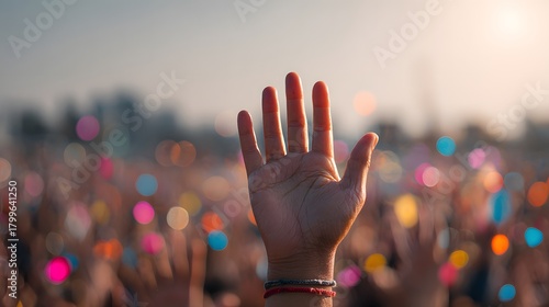 Individual raised hand captures attention above a vibrant, blurred audience at an outdoor event during sunset